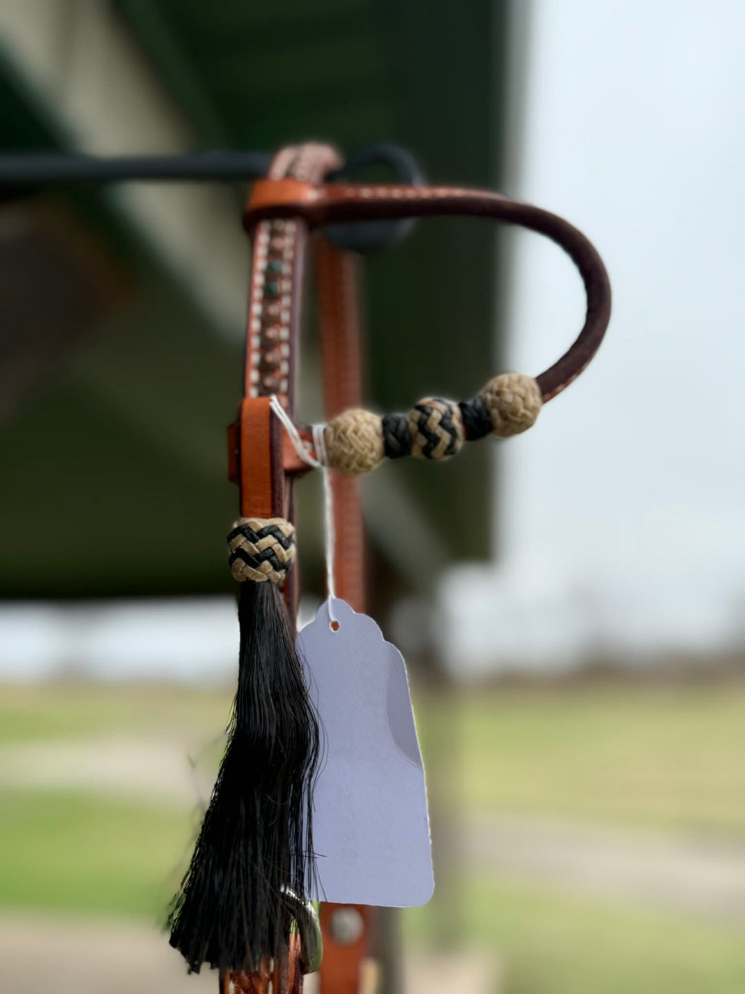 Dutton Bits Medium Oiled Basket Stamp Slip Ear Headstall with Rawhide Knots and Black Accents
