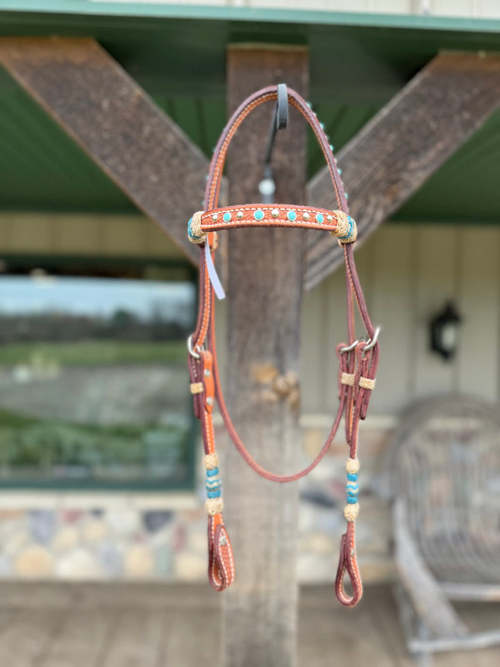 Dutton Bits Light Oiled Basket Stamp Browband Headstall with Turquoise Rawhide Knots
