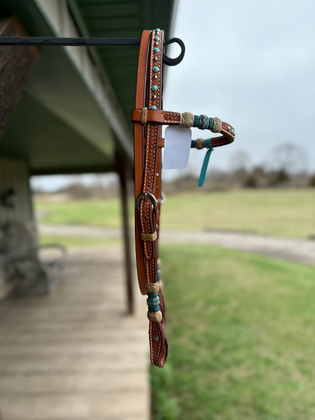 Dutton Bits Light Oiled Basket Stamp Browband Headstall with Turquoise Rawhide Knots