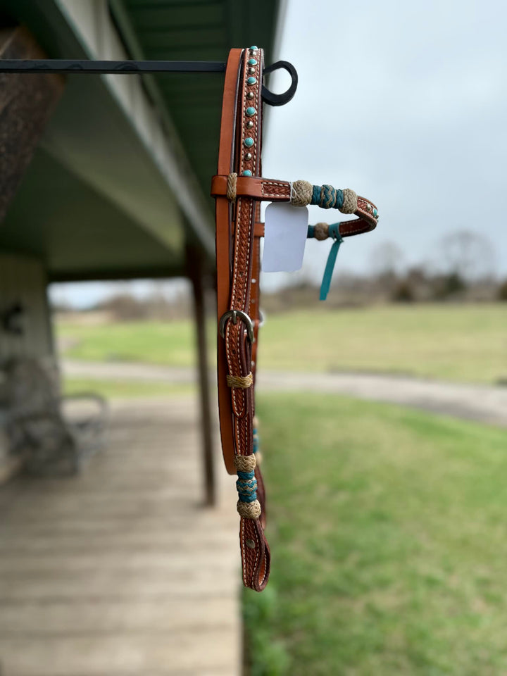 Dutton Bits Light Oiled Basket Stamp Browband Headstall with Turquoise Rawhide Knots