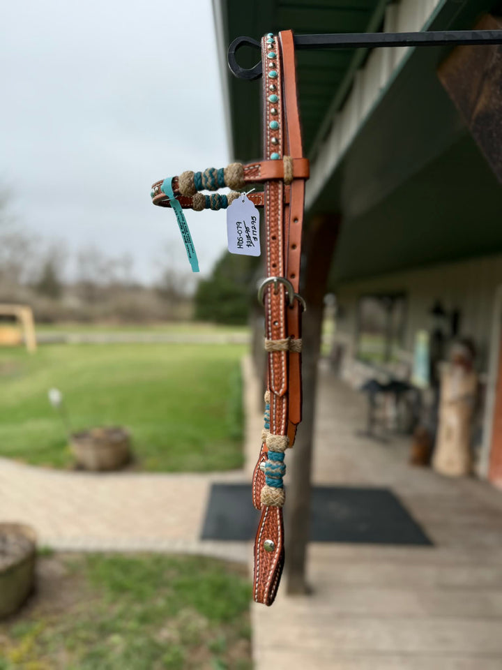 Dutton Bits Light Oiled Basket Stamp Browband Headstall with Turquoise Rawhide Knots