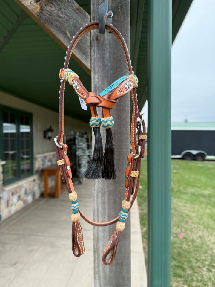 Dutton Bits Tie Front Basket Stamp Browband Headstall with Turquoise Accents