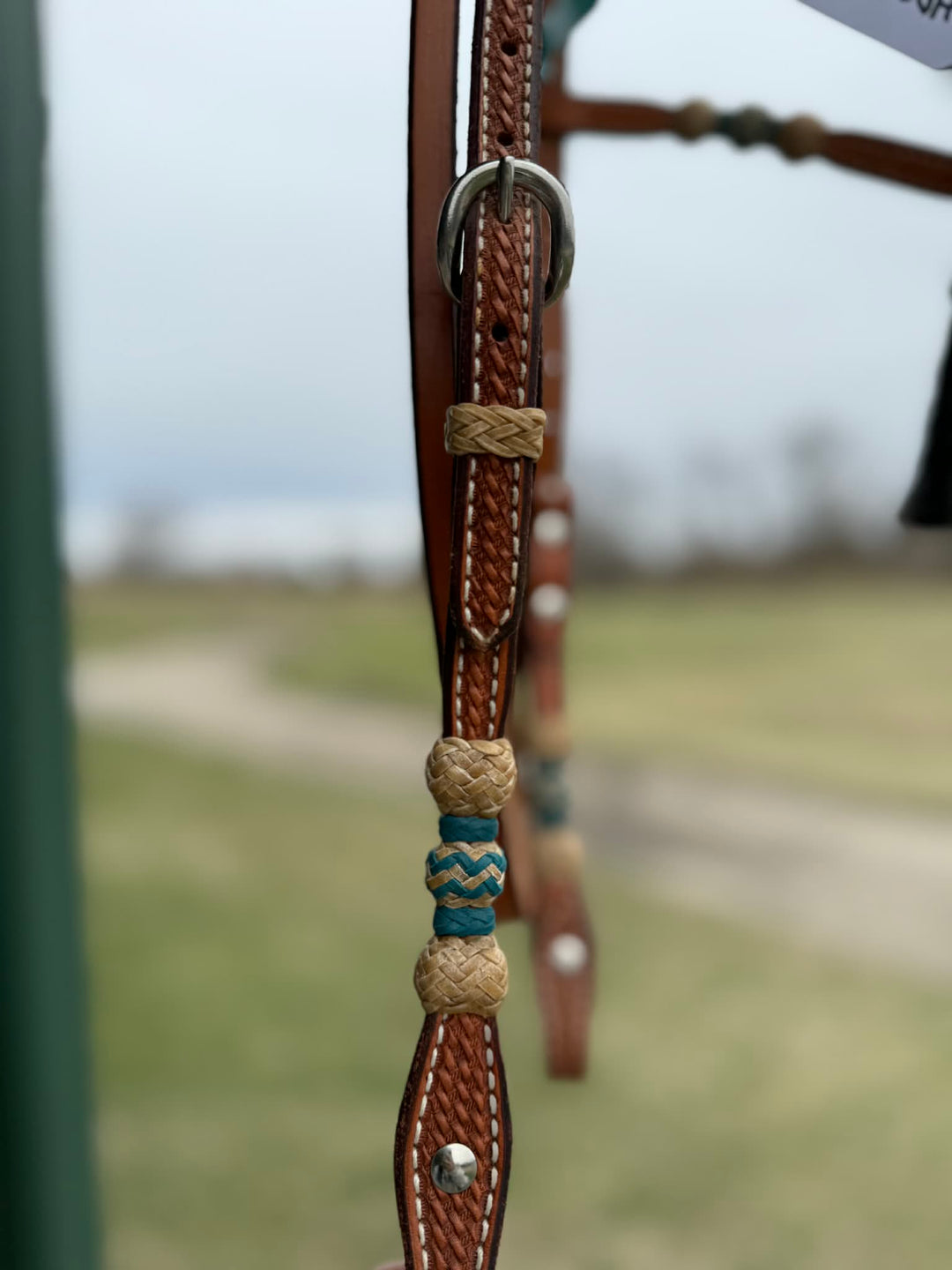 Dutton Bits Tie Front Basket Stamp Browband Headstall with Turquoise Accents