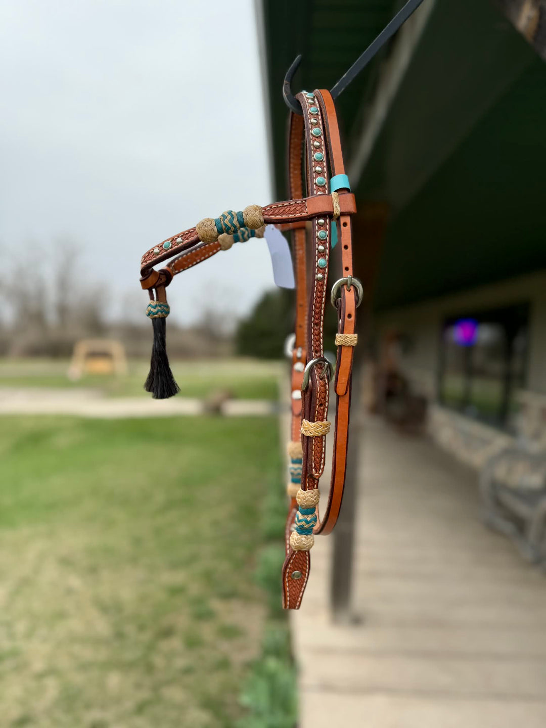 Dutton Bits Tie Front Basket Stamp Browband Headstall with Turquoise Accents