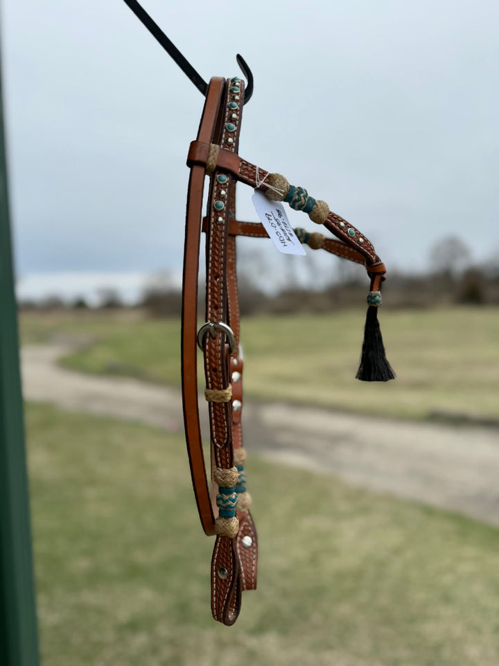 Dutton Bits Tie Front Basket Stamp Browband Headstall with Turquoise Accents