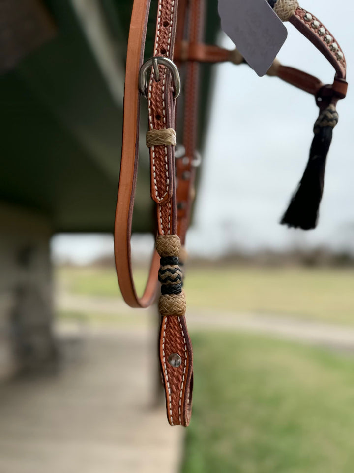 Dutton Bits Light Oil Basket Stamped Tie Front Browband Headstall with Black Rawhide Knot Accents