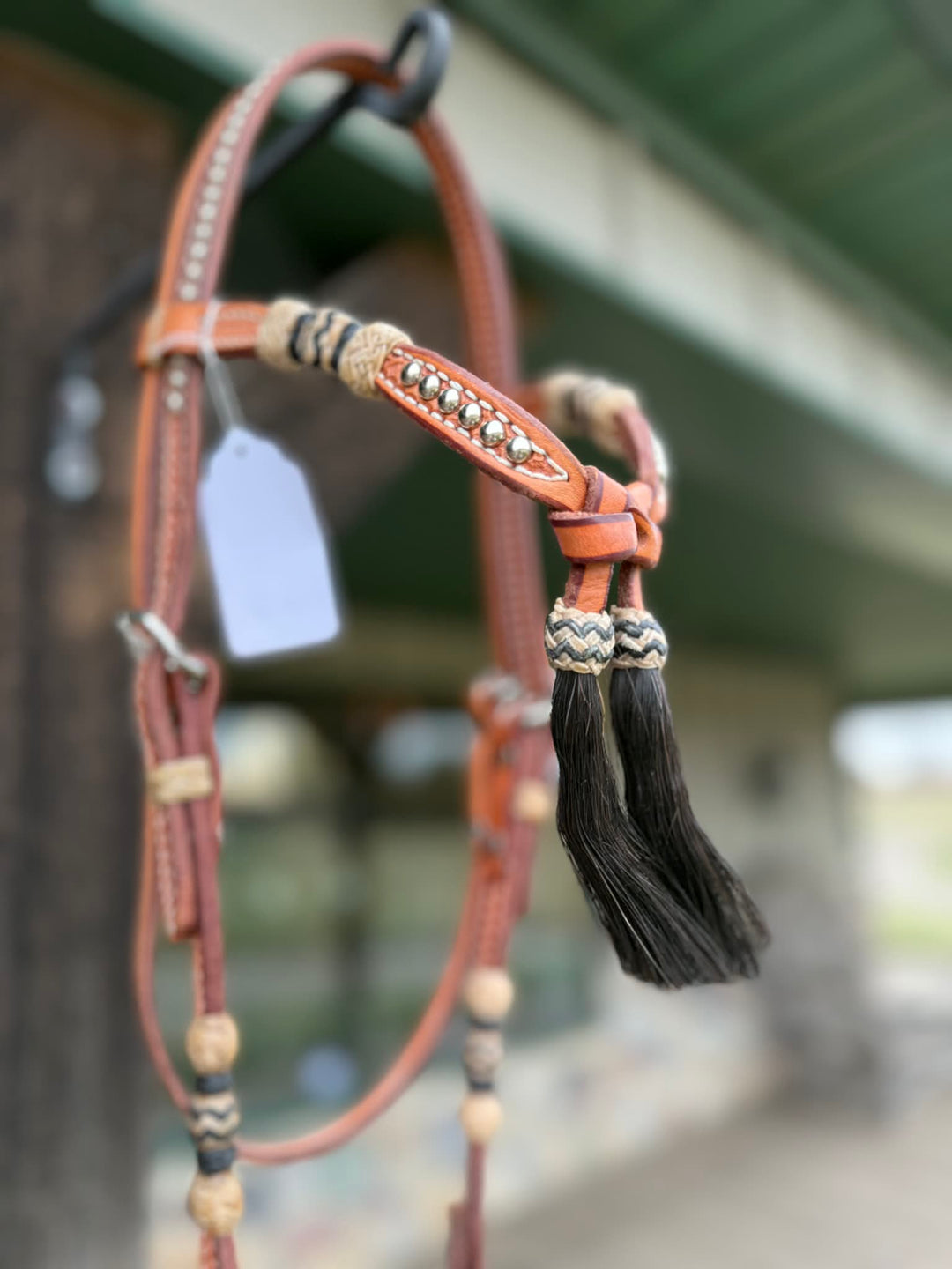 Dutton Bits Light Oil Basket Stamped Tie Front Browband Headstall with Black Rawhide Knot Accents