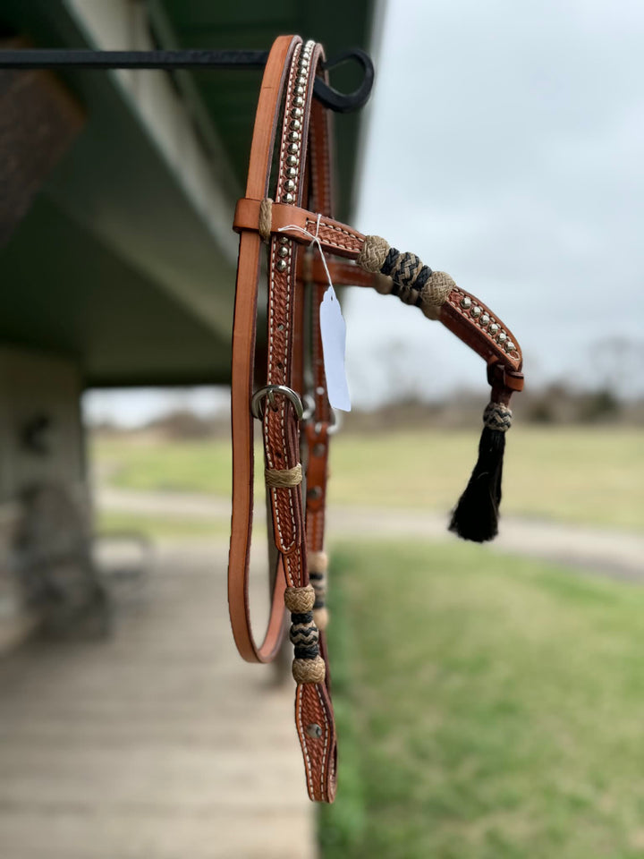 Dutton Bits Light Oil Basket Stamped Tie Front Browband Headstall with Black Rawhide Knot Accents