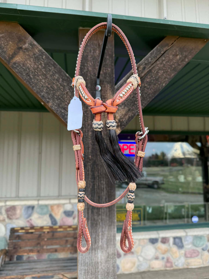 Dutton Bits Light Oil Basket Stamped Tie Front Browband Headstall with Black Rawhide Knot Accents