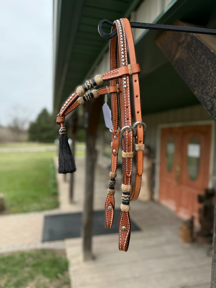 Dutton Bits Light Oil Basket Stamped Tie Front Browband Headstall with Black Rawhide Knot Accents
