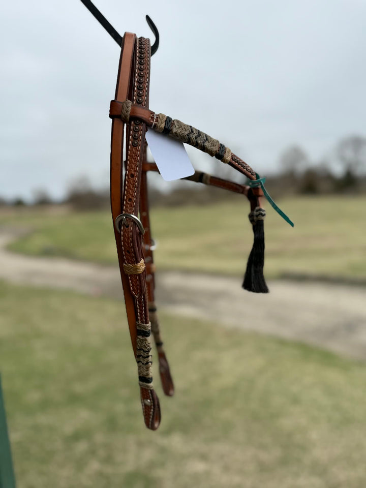 Dutton Bits Tie Front Basket Stamped Browband Headstall with Black Accents