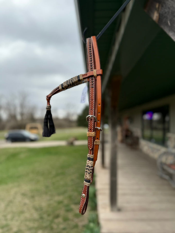 Dutton Bits Tie Front Basket Stamped Browband Headstall with Black Accents