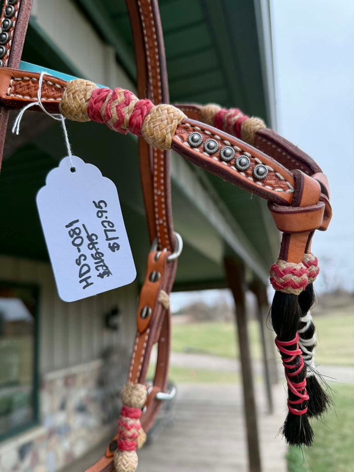 Dutton Bits Light Oil Basket Stamped Tie Front Browband Headstall with Red Rawhide Knots