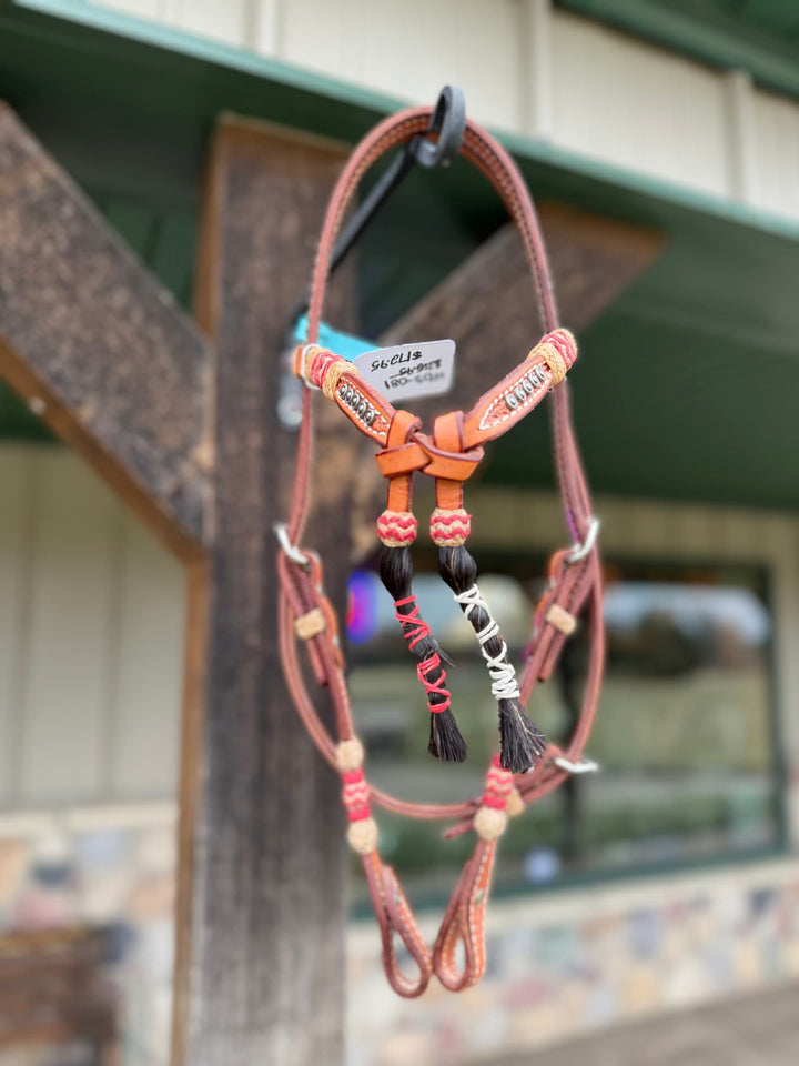 Dutton Bits Light Oil Basket Stamped Tie Front Browband Headstall with Red Rawhide Knots