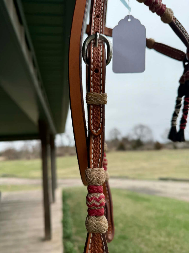 Dutton Bits Light Oil Basket Stamped Tie Front Browband Headstall with Red Rawhide Knots