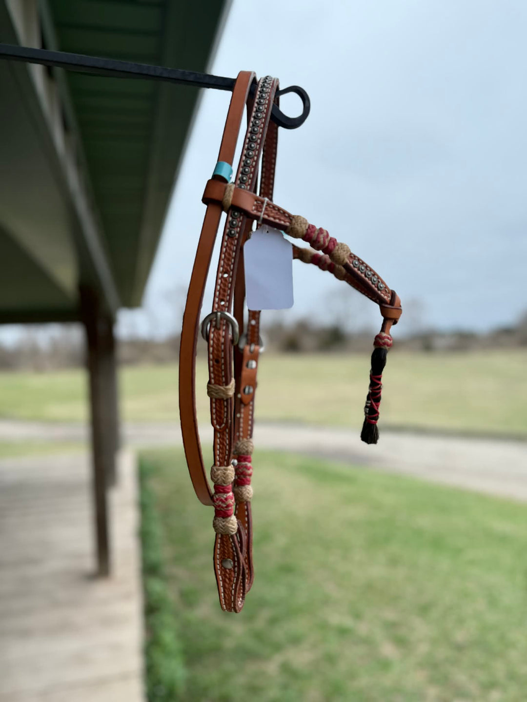 Dutton Bits Light Oil Basket Stamped Tie Front Browband Headstall with Red Rawhide Knots