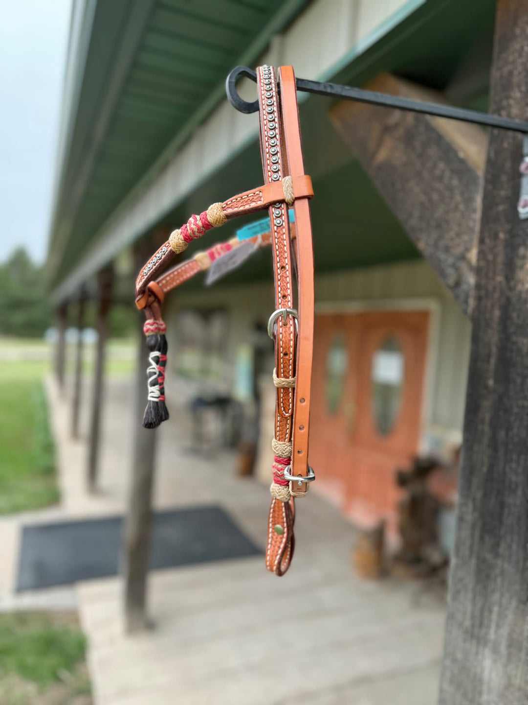 Dutton Bits Light Oil Basket Stamped Tie Front Browband Headstall with Red Rawhide Knots