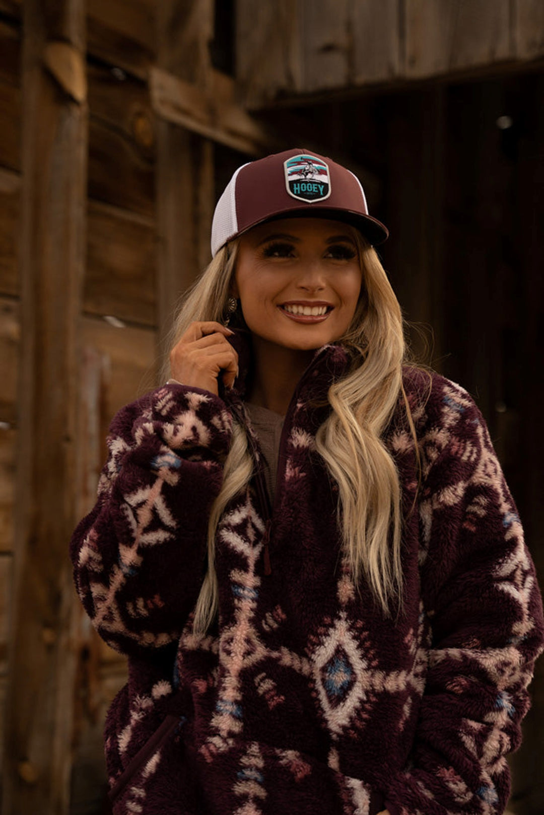 Hooey Women's Maroon Aztec Fleece Pullover