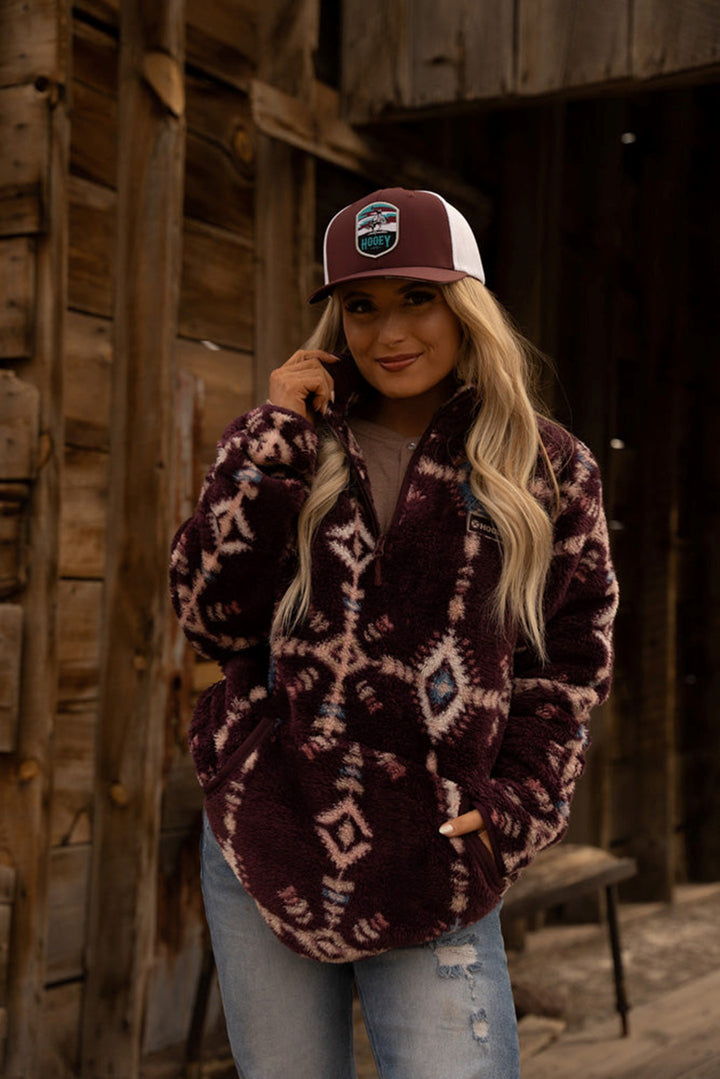 Hooey Women's Maroon Aztec Fleece Pullover