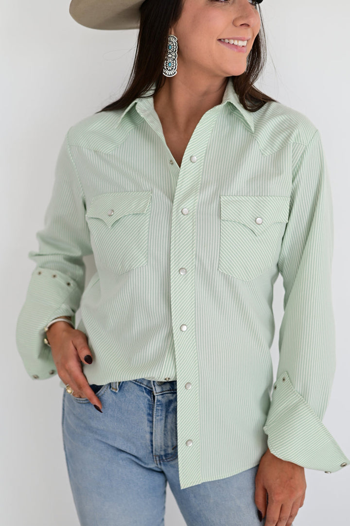 Howdy Hanny Women's Mint Stripe Pearl Snap Shirt
