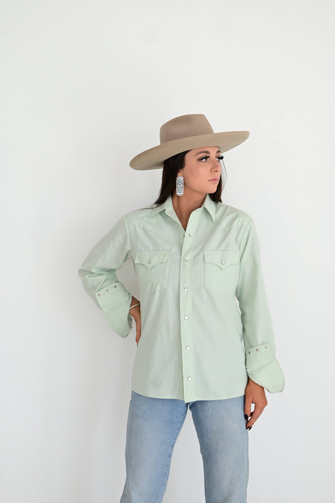 Howdy Hanny Women's Mint Stripe Pearl Snap Shirt