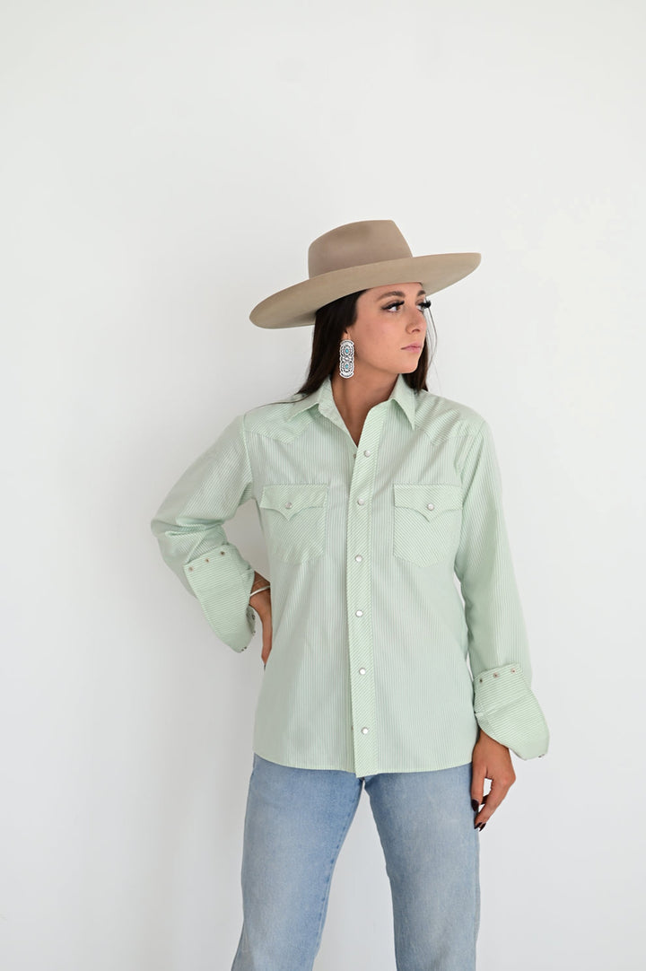 Howdy Hanny Women's Mint Stripe Pearl Snap Shirt