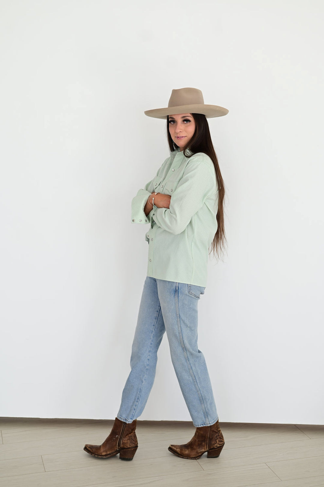 Howdy Hanny Women's Mint Stripe Pearl Snap Shirt
