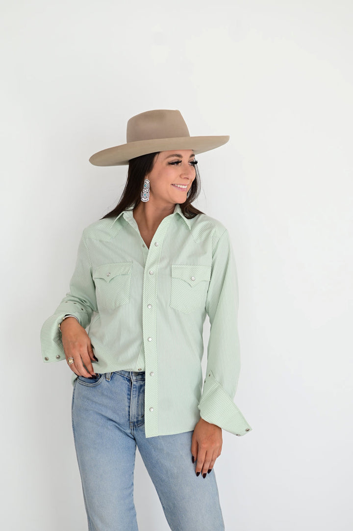 Howdy Hanny Women's Mint Stripe Pearl Snap Shirt