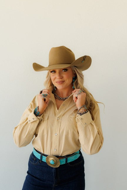 Howdy Hanny Women's Tan Stripe Paw Paw Pearl Snap Shirt