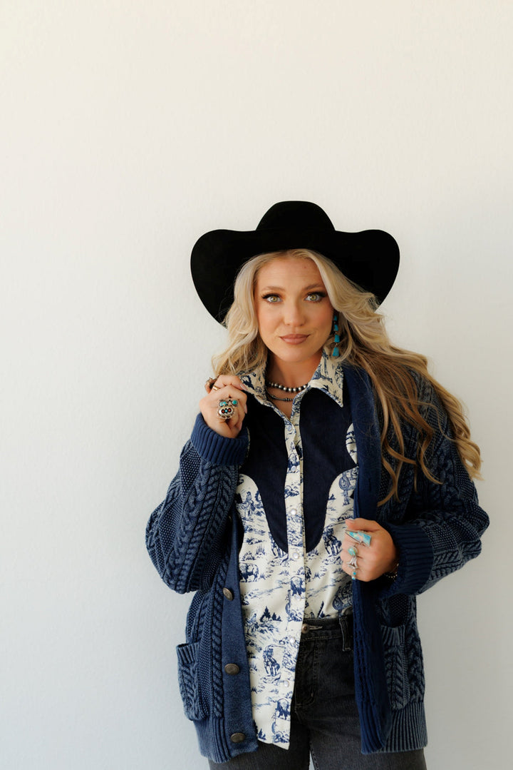 Howdy Hanny Women's Denim Corded Concho Button Cardigan