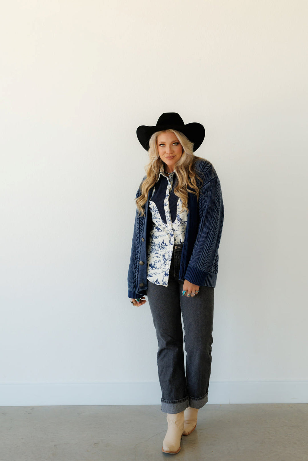 Howdy Hanny Women's Denim Corded Concho Button Cardigan