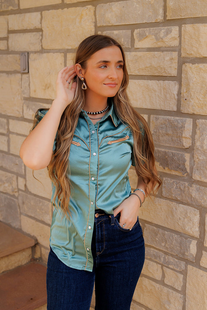 Howdy Hanny Women's Aqua Satin Pearl Snap Shirt