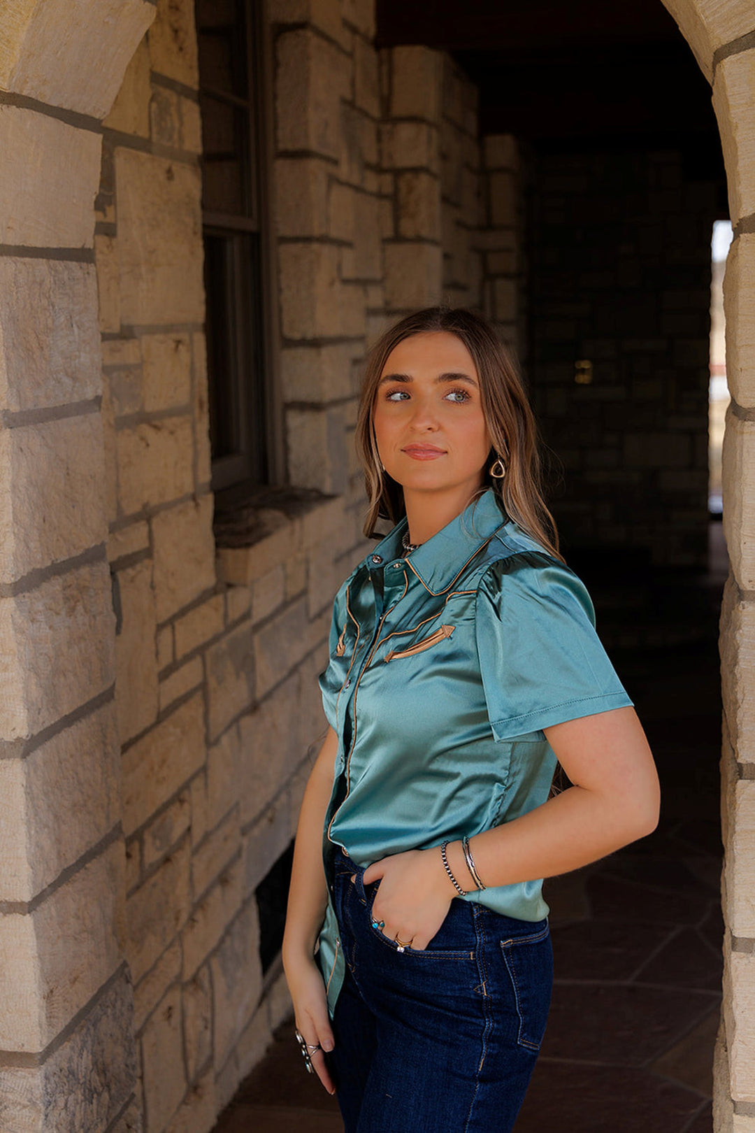 Howdy Hanny Women's Aqua Satin Pearl Snap Shirt