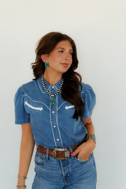 Howdy Hanny Women's Denim Pearl Snap Shirt - West 20 Saddle Co.