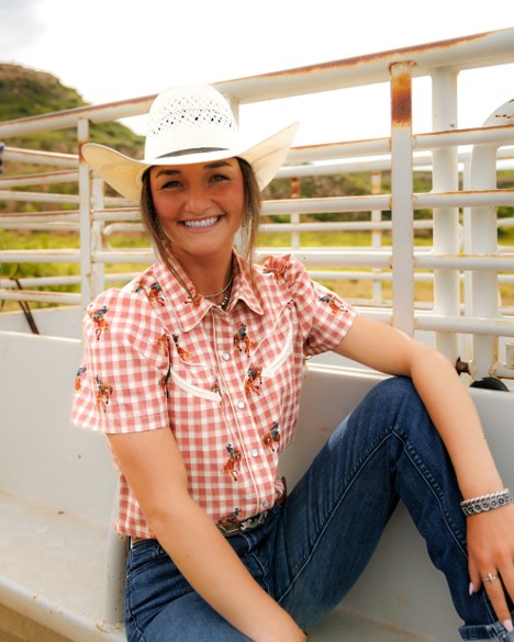 Howdy Hanny Women's Pink Gingham Horse Pearl Snap Shirt