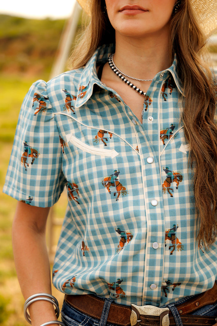 Howdy Hanny Women's Teal Gingham Horse Pearl Snap Shirt