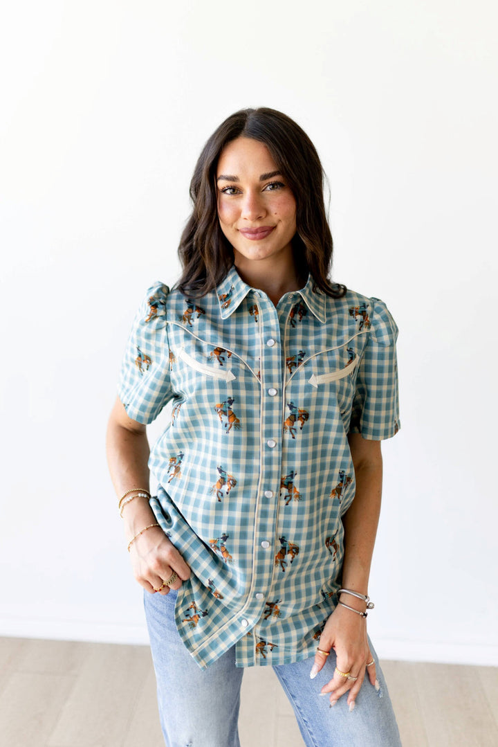 Howdy Hanny Women's Teal Gingham Horse Pearl Snap Shirt