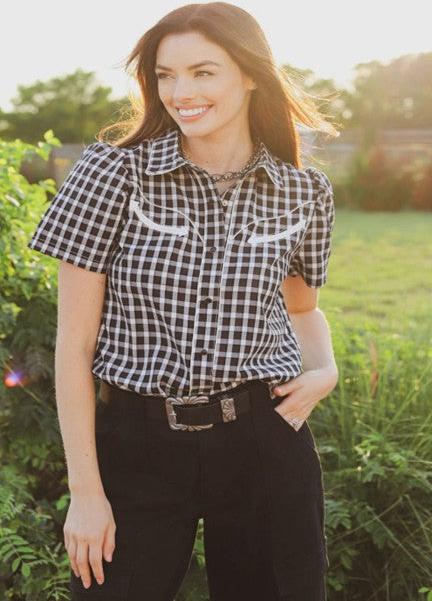 Howdy Hanny Women's Black Gingham Pearl Snap Top