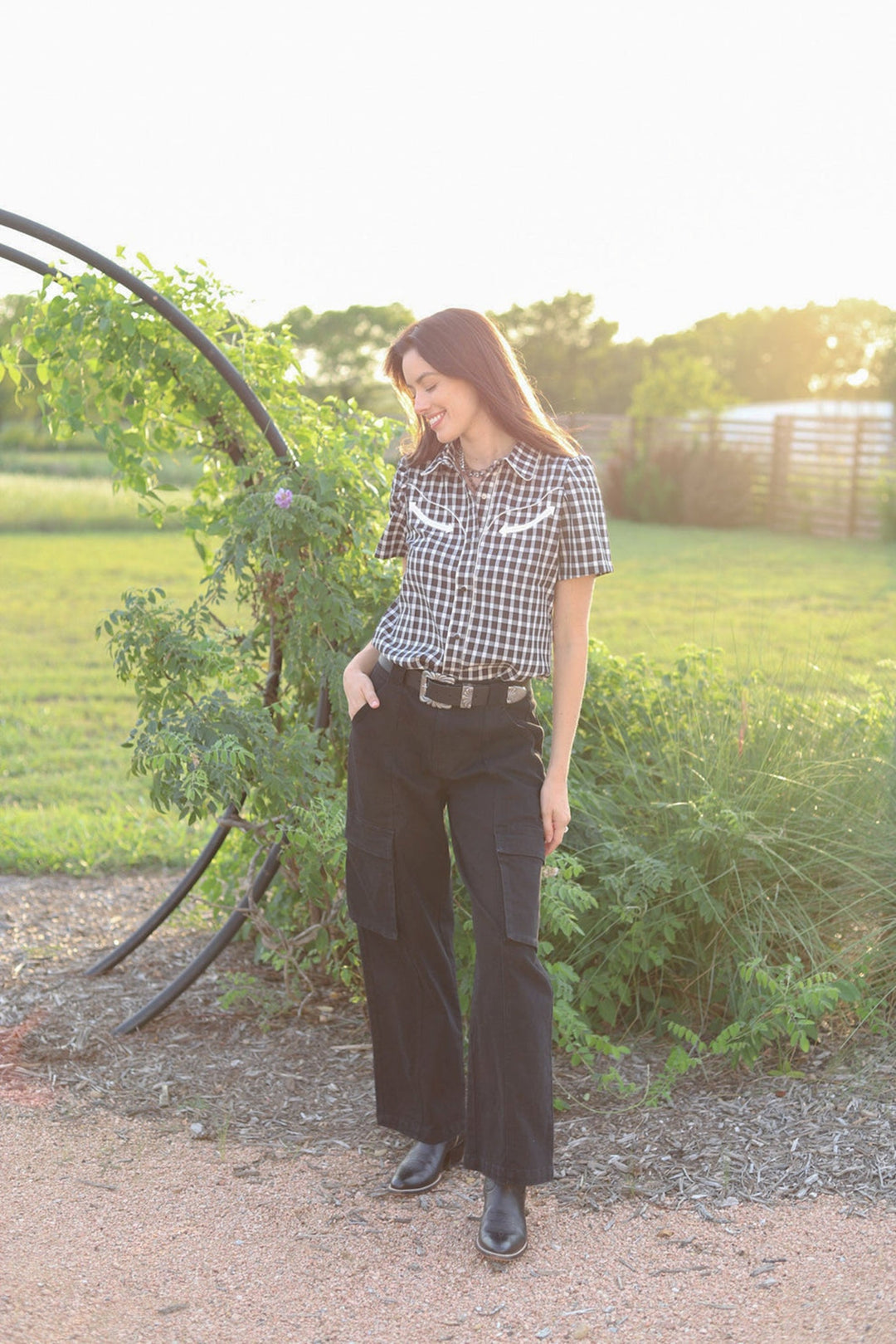Howdy Hanny Women's Black Gingham Pearl Snap Top