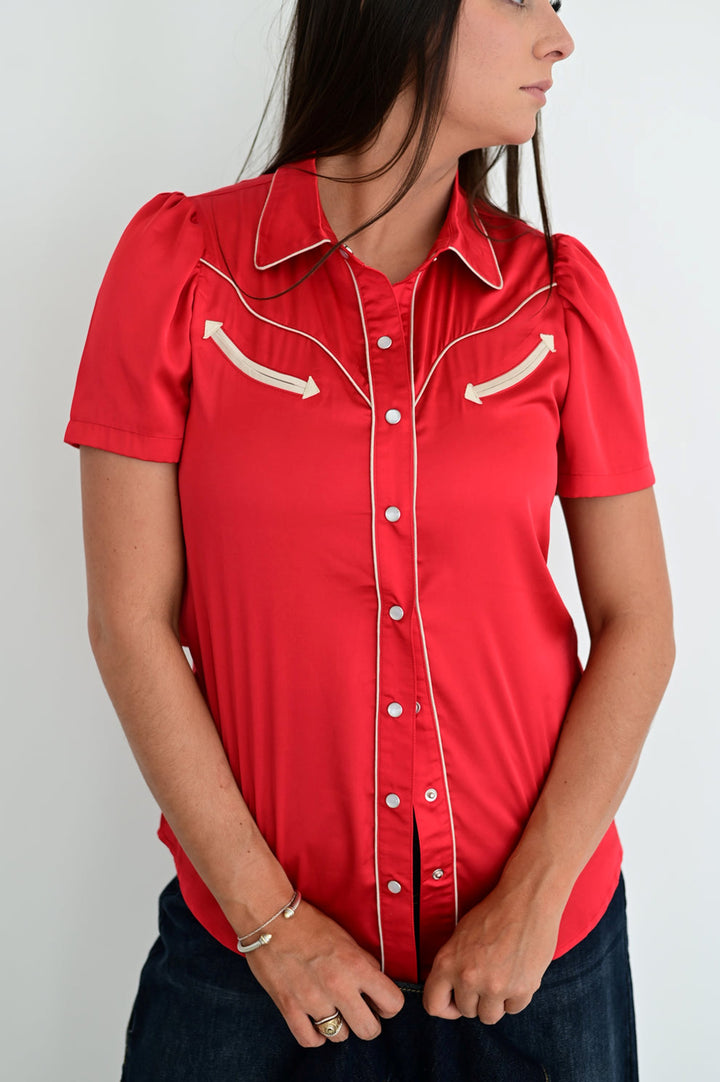 Howdy Hanny Women's Red Satin Pearl Snap Top
