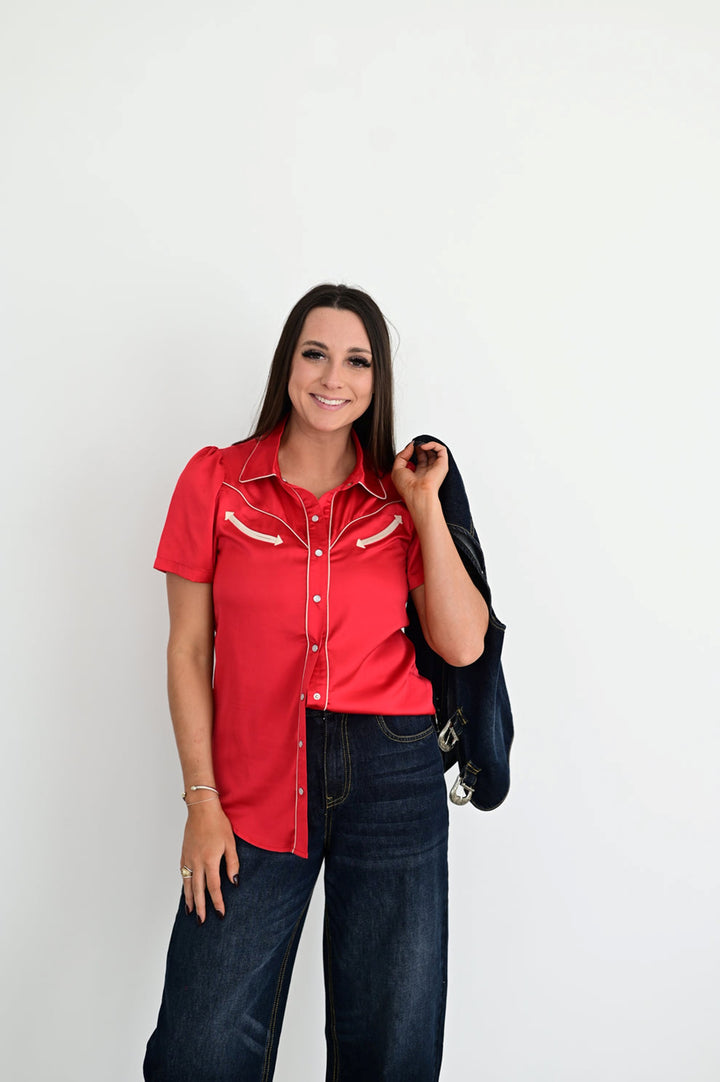 Howdy Hanny Women's Red Satin Pearl Snap Top