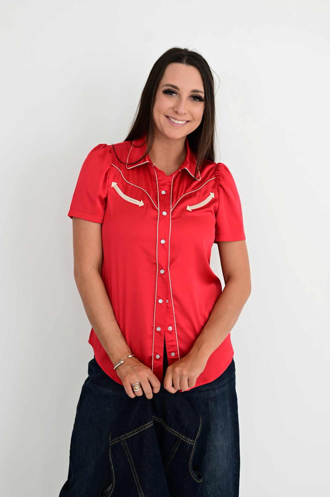 Howdy Hanny Women's Red Satin Pearl Snap Top
