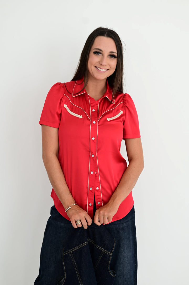 Howdy Hanny Women's Red Satin Pearl Snap Top