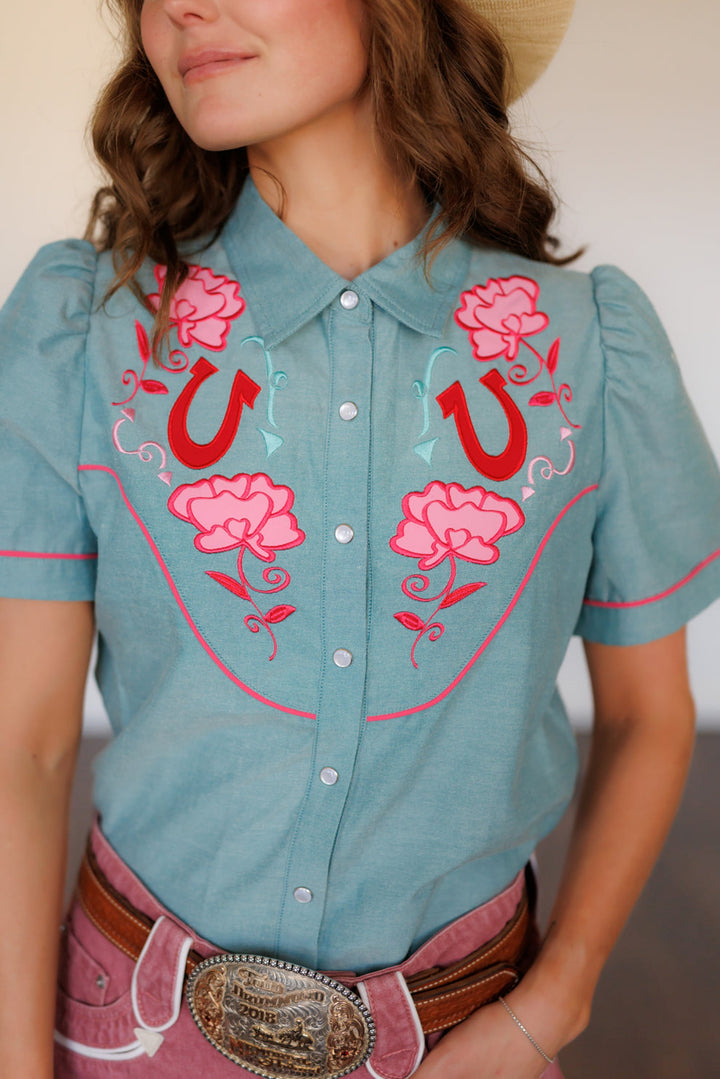 Howdy Hanny Pink Rose Turquoise Chambray Pearl Snap Shirt