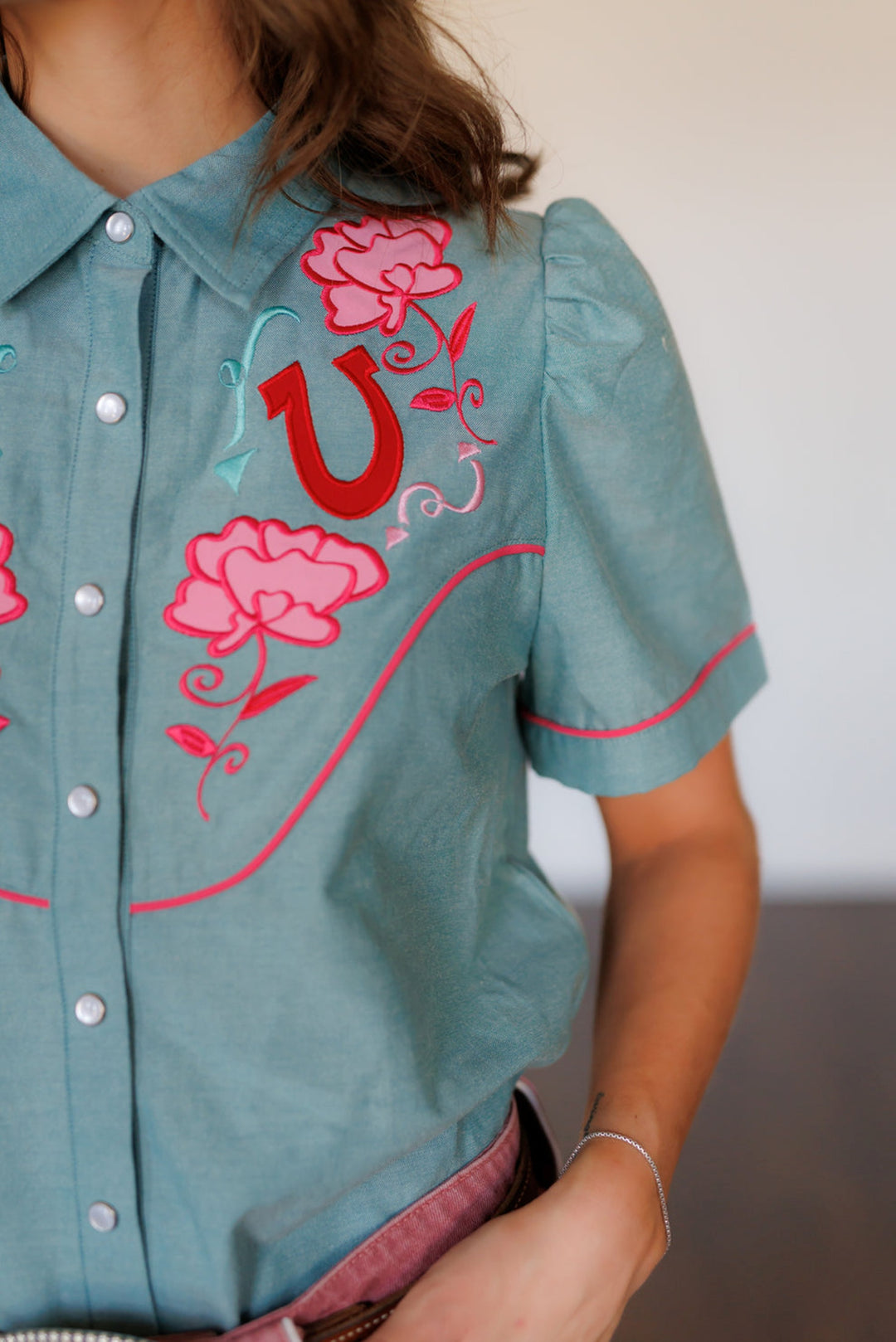 Howdy Hanny Pink Rose Turquoise Chambray Pearl Snap Shirt