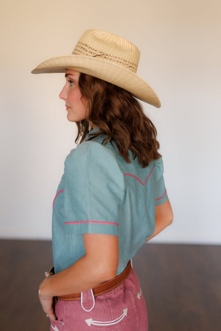 Howdy Hanny Pink Rose Turquoise Chambray Pearl Snap Shirt