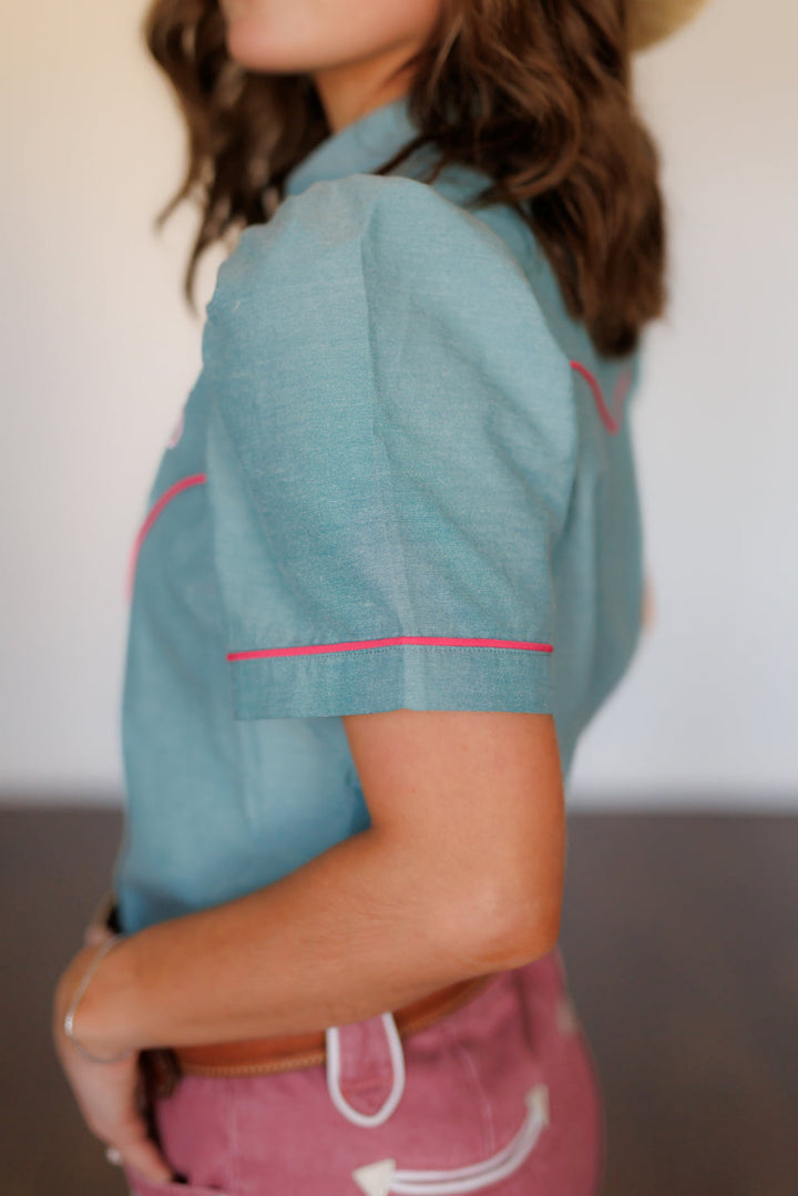 Howdy Hanny Pink Rose Turquoise Chambray Pearl Snap Shirt