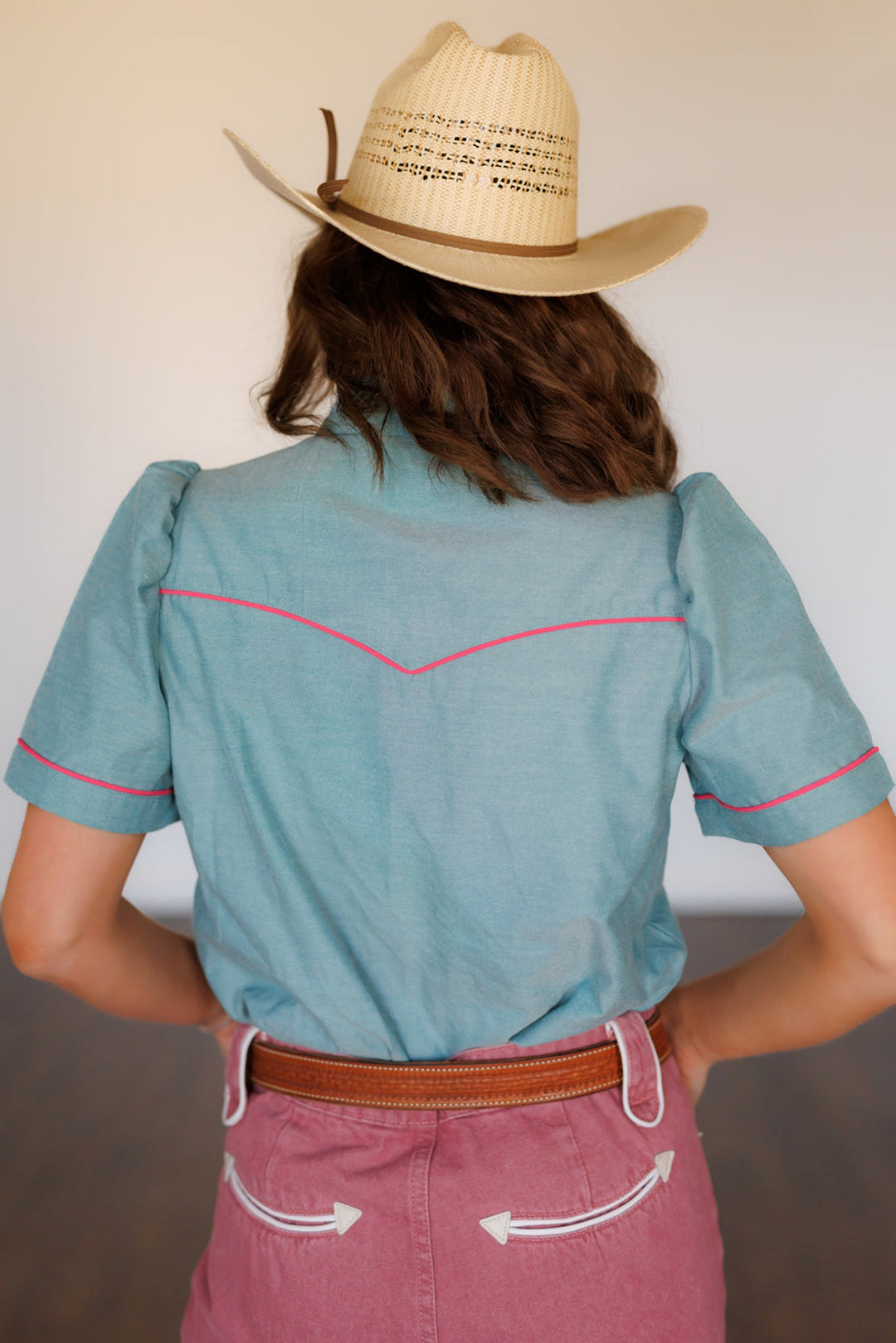 Howdy Hanny Pink Rose Turquoise Chambray Pearl Snap Shirt