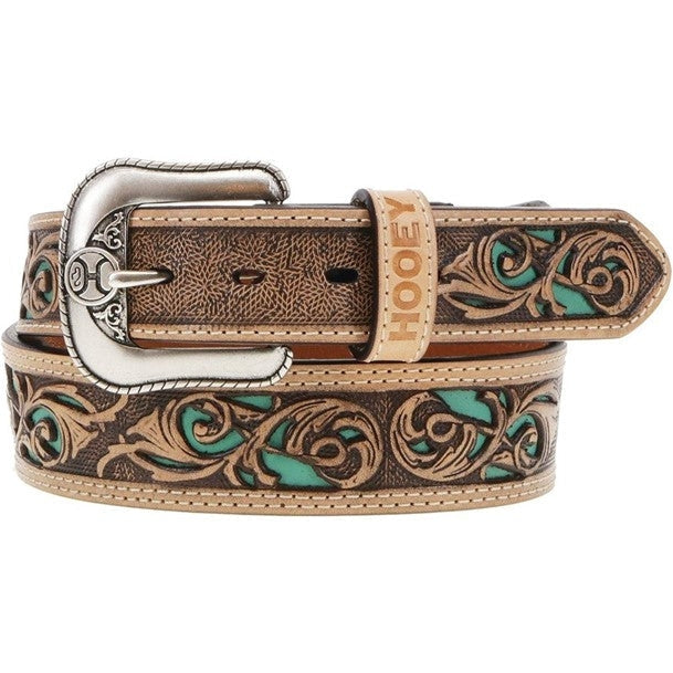 Hooey Top Notch Hand Tooled Belt with Turquoise Underlay