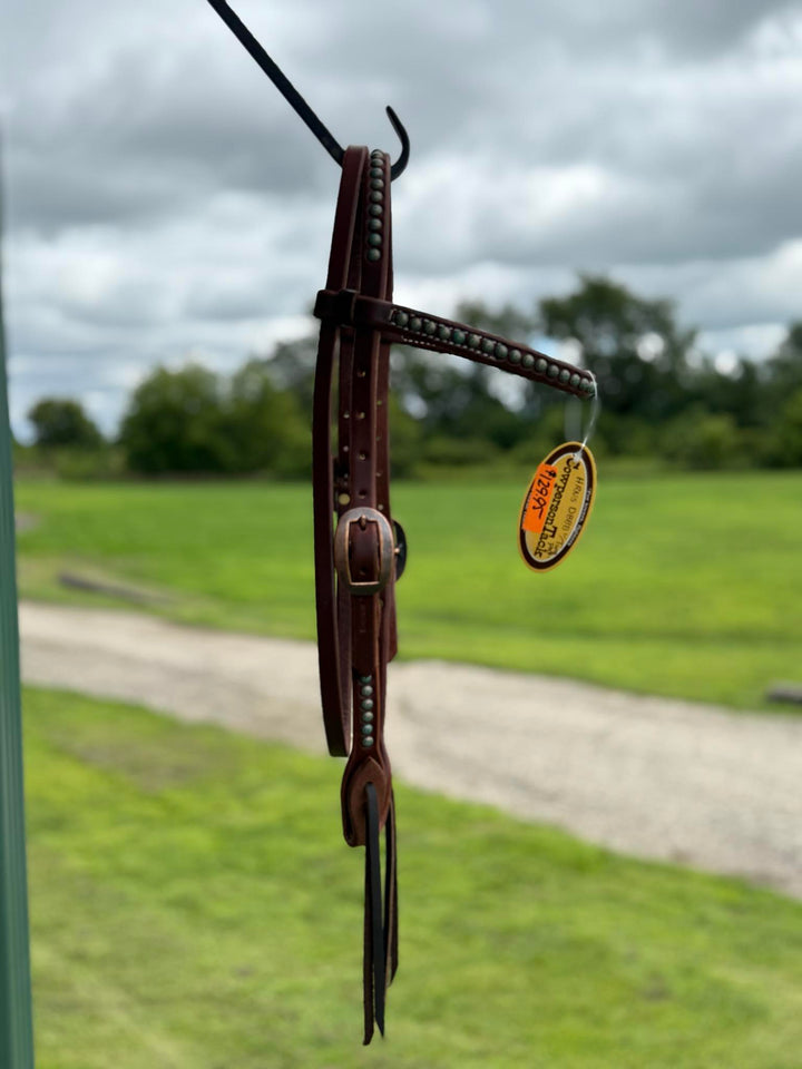 Cowperson Tack Dark Oiled Double Buckle Cowboy Browband Headstall-Turquoise Patina